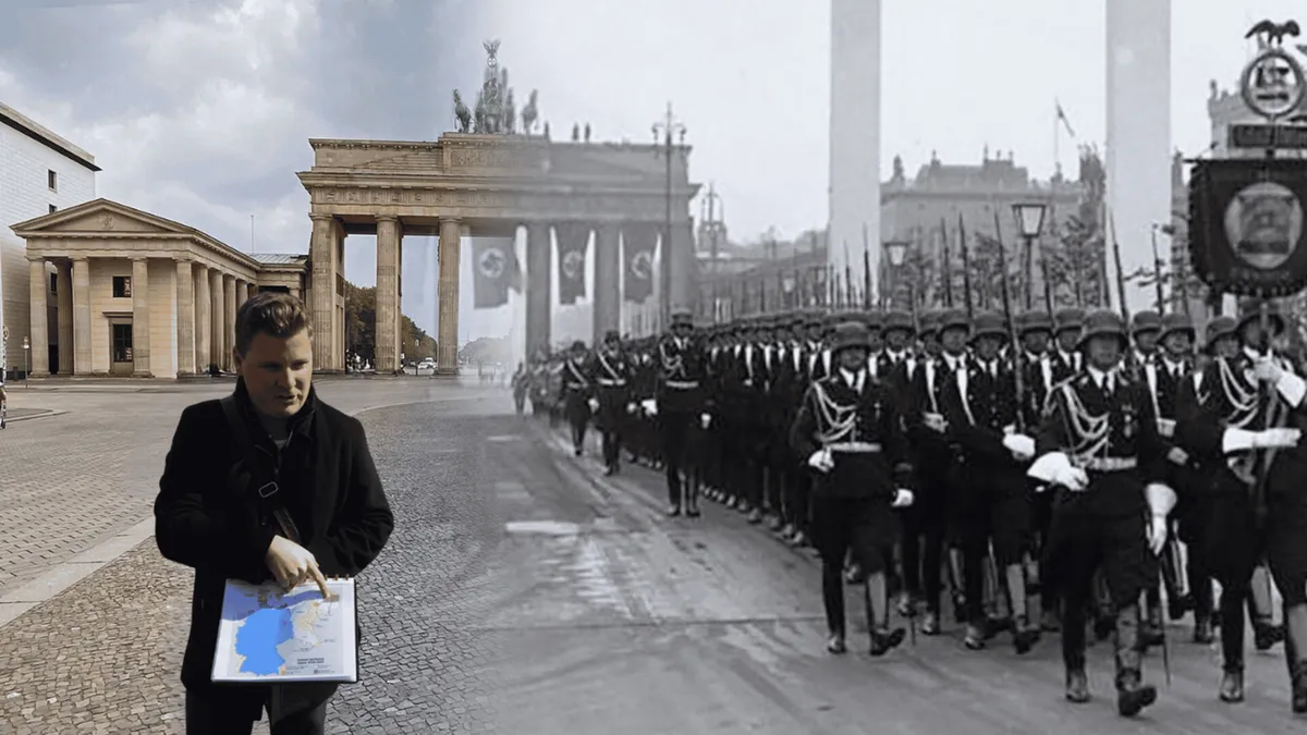 Historian showing a Then and Now photograph to a small group on a Berlin WW2 tour of Hitler's Berlin
