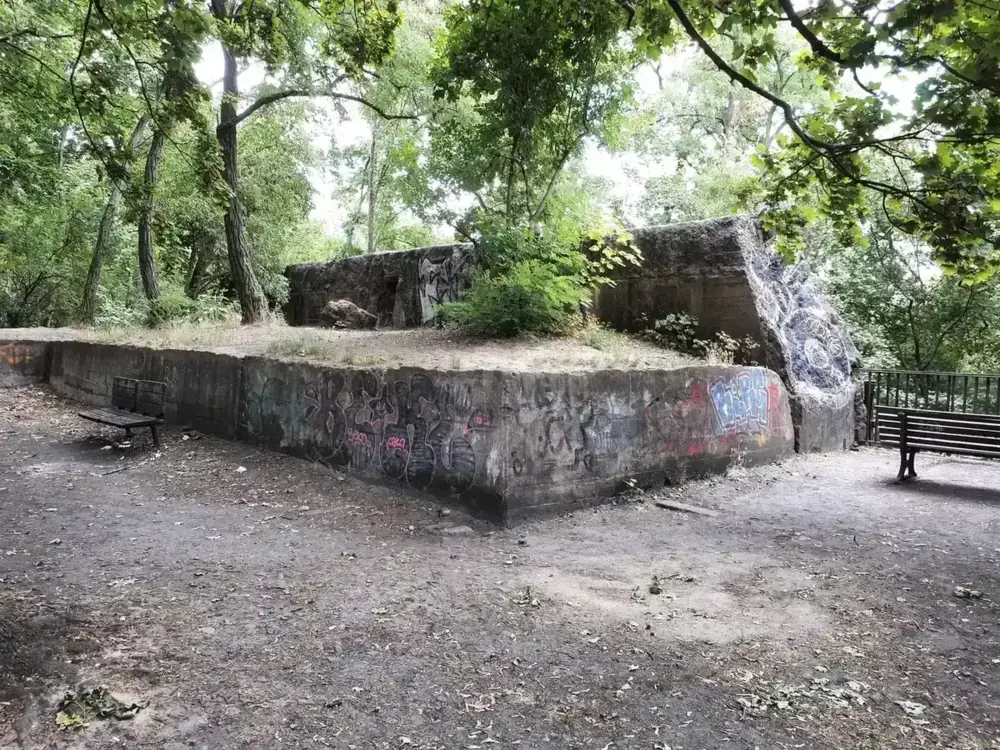 The ruined concrete of the Humboldthain flak tower, entered on a Berliner Unterwelten tour, near Berlin WW2 tours