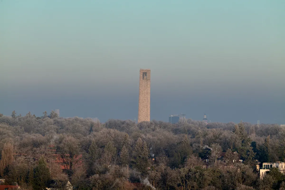 Bell Tower at the Berlin 1936 Olympic grounds seen across the treetops