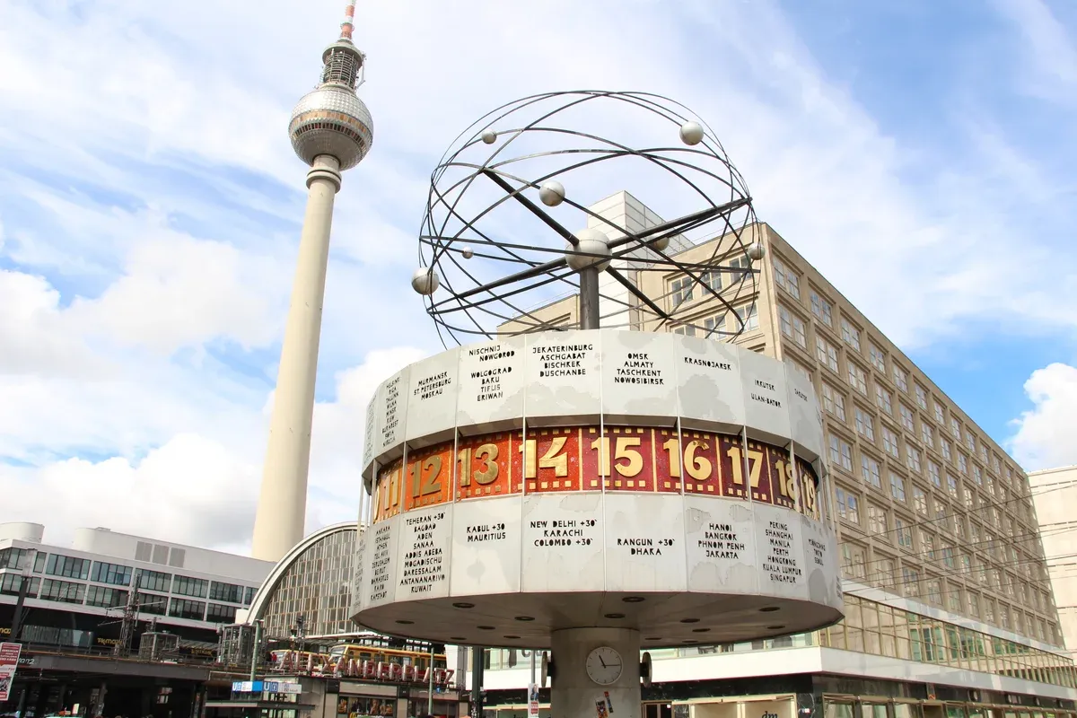 World Time Clock at Alexanderplatz in Berlin, the start of a Sachsenhausen memorial tour